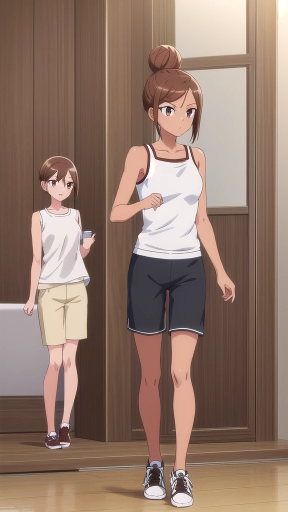 Ayaka Uehara, Ayaka Uehara, Brown Hair, hair ornaments, (Brown eyes:1.5), Hair Clip, Dark Skin, Hair Bun, Dark skinned women, single Hair Bun,whole body ,Are standing,break shirt, White shirt, shoes, Shorts, No sleeve, Black footwear, No sleeve shirt, black Shorts, Tank top, sneakers, break indoors, Gym, break looking at viewer, break (masterpiece:1.2), Highest quality, High resolution, unity 8k wallpaper, (figure:0.8), (Beautiful attention to detail:1.6), Highly detailed face, Perfect lighting, Highly detailed CG, (Perfect hands, Perfect Anatomy),