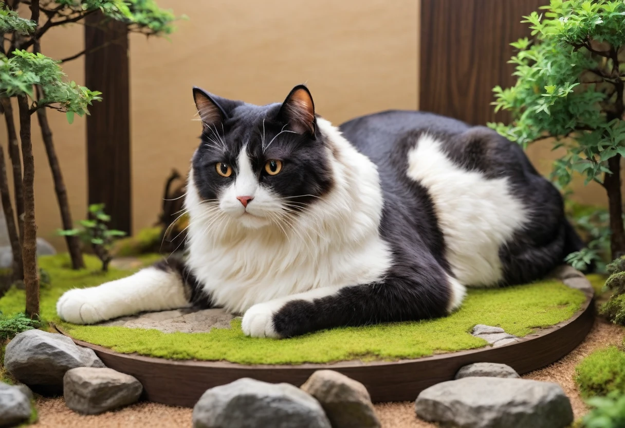 (Giant looking cat), A composition of a giant cat lying down in a diorama。The cat is relaxed、The surrounding diorama looks like a cat&#39;s bed.。Warm light and soft colors、Creates a calm and soothing atmosphere。