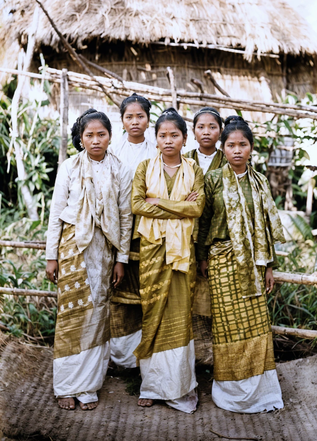several women in traditional clothing standing in front of a hut, ethnic group, assamese, assamese aesthetic, tribals, tribal clothing, wearing traditional garb, traditional clothing, young girls, laos, traditional clothes, myanmar, slide show, barong family member. smooth skin.