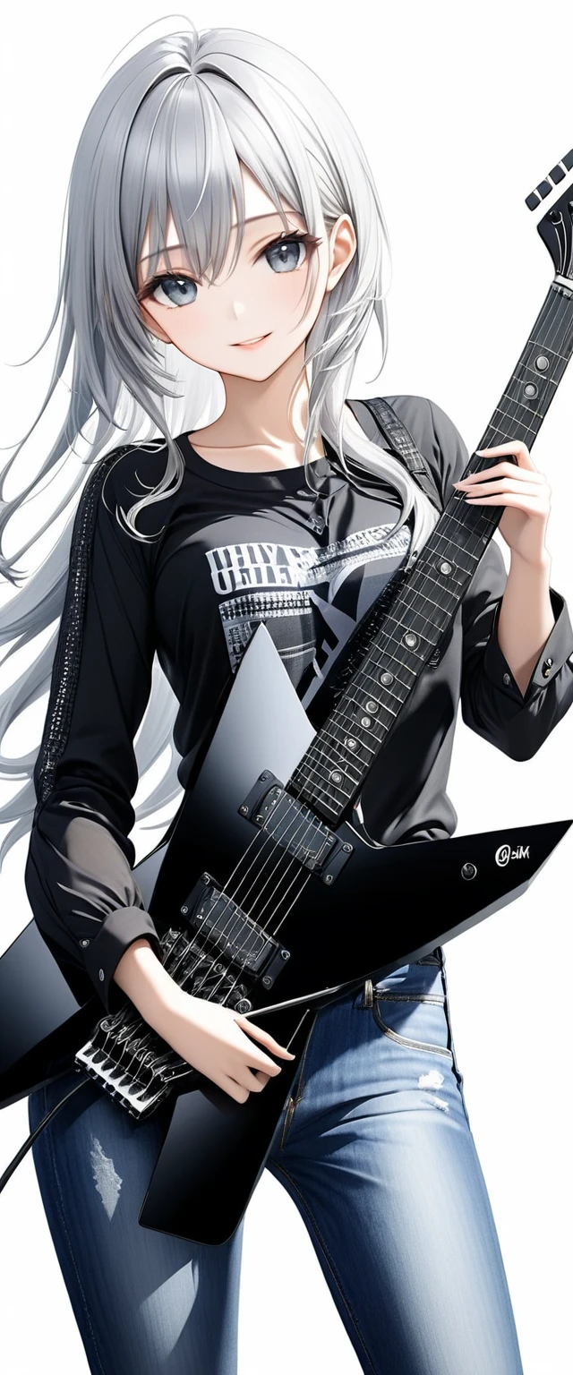 (((White background:1.5)))、(very wide shot)、(masterpiece、Ultra HD、Highest quality、Masterpiece、４K:1.2)、Slender body、Holding a black electric guitar,Scandinavian Metal Girl, A gentle gaze at the camera, Intricate details, Highly detailed eyes, Highly detailed fingers、Long silver hair、(Black shirt and jeans)、A kind smile、(((Dynamic pose:1.5)))
