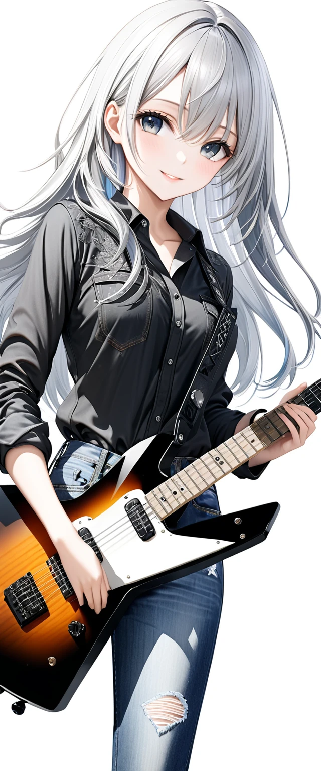 (((White background:1.5)))、(very wide shot)、(masterpiece、Ultra HD、Highest quality、Masterpiece、４K:1.2)、Slender body、Holding a black electric guitar,Scandinavian Metal Girl, A gentle gaze at the camera, Intricate details, Highly detailed eyes, Highly detailed fingers、Long silver hair、(Black shirt and jeans)、A kind smile、(((Dynamic pose:1.5)))
