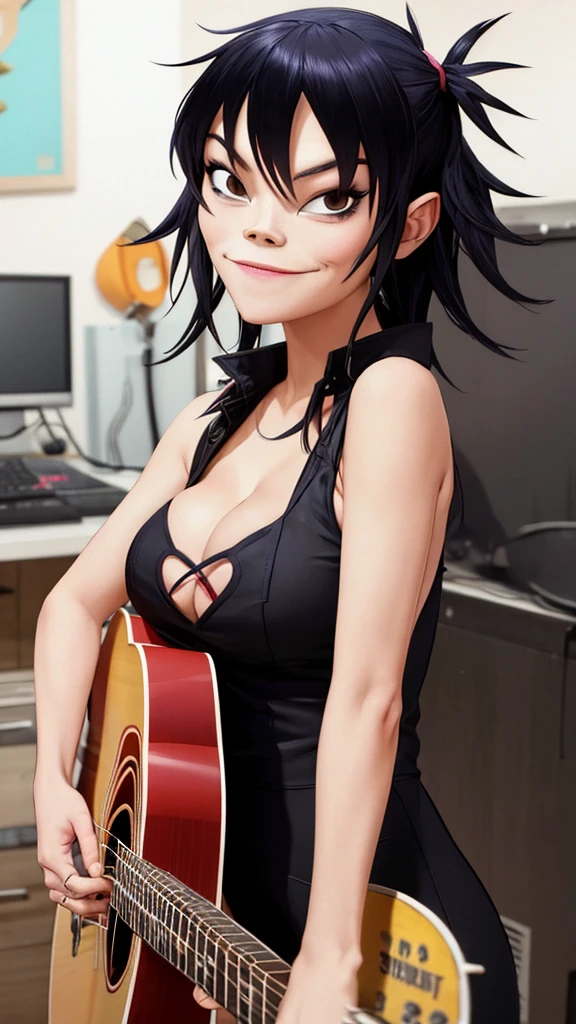 Noodle Gorillaz, sexy body, Sexy cleavage, playing guitar, smiling, closed mouth, holding, holding plectrum, instrument, rock music, one side up, playing guiter ((masterpiece, best quality))