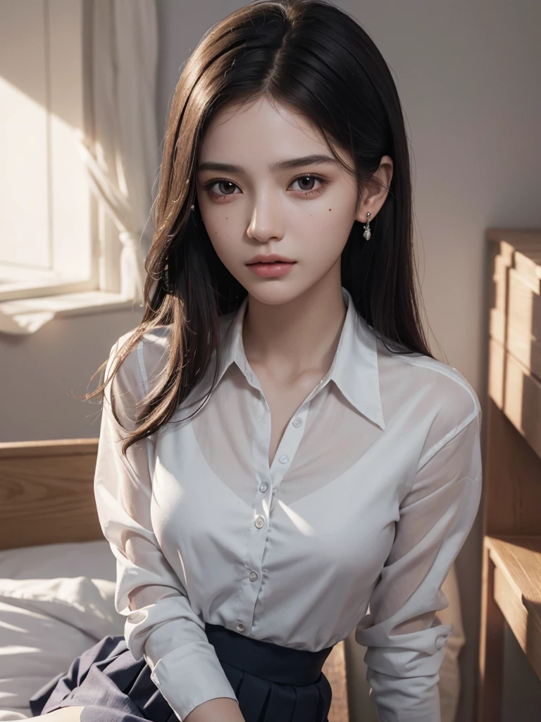 absurdres, RAW photo, extremely delicate and beautiful, masterpiece, Best Quality, ultra high resolution, 32k, hyperrealistic, ultra-detailed, perfect anatomy, super Detailed skin, perfect figure, Super Beauty, Perfect Style, Perfect balance, Beautiful Lighting, Perfect Lightning, Realistic Shadows, 20 years old, very Slim body, narrow waist, very small head, very small face, delicate facial features, handsome detailed woman, very detailed eyes and face, realistic face proportions, Realistic beautiful face, Realistic beautiful eyes, tearful mole, earring, very huge round breasts, legs, medium hair, asymmetrical hair, whole body shot, indoor, school_uniform, short skirt,