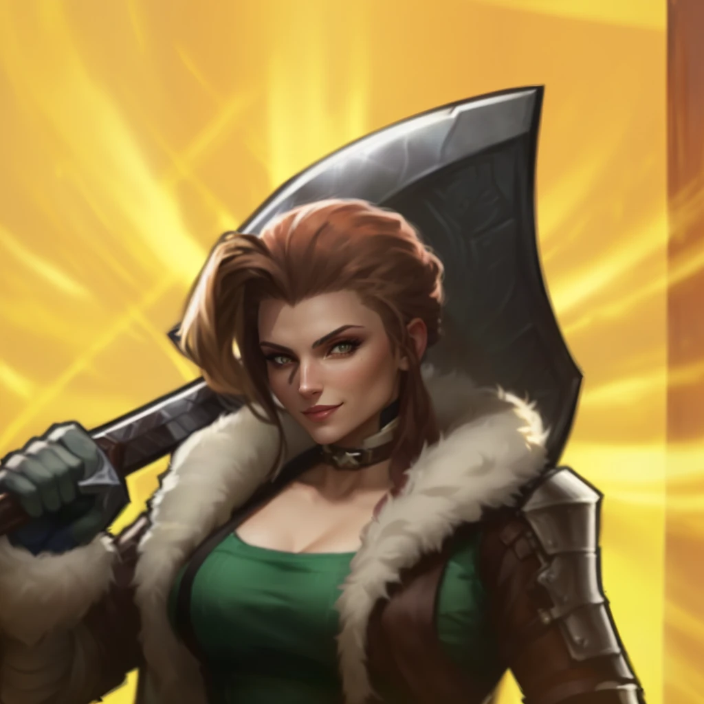 a close up of a woman holding a large knife in her hand, avatar image, portrait of female rogue, brigitte, epic rpg portrait, full protrait, character icon, symmetrical portrait rpg avatar, godsent, crisp clear rpg portrait, snake-head female assassin, female doc savage, portrait of female paladin, epic legends game icon, roguish smirk