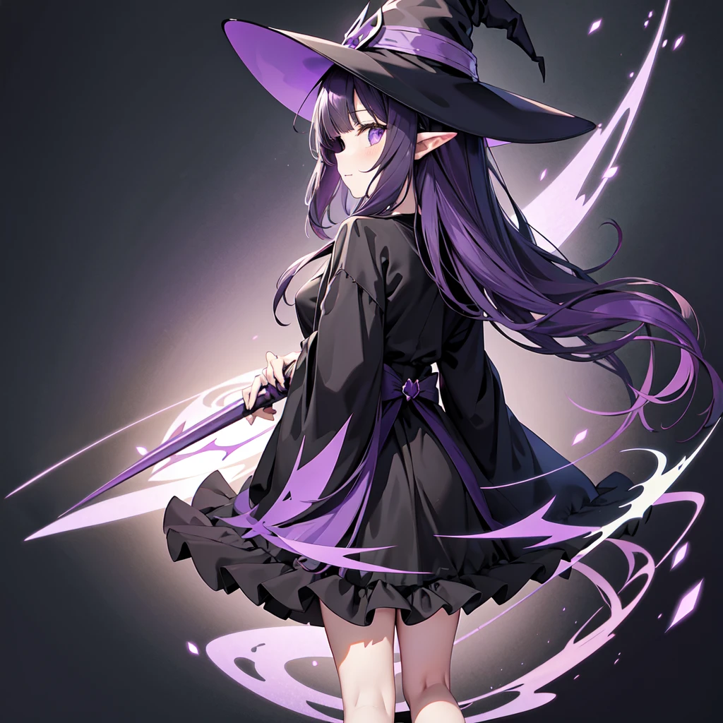 Anime girl with waist-length purple hair and black robe. Witch hat. Pointy ears. Cute as a cartoon. Back view. Full body facing backwards. The whole body is visible. Skirt is short.