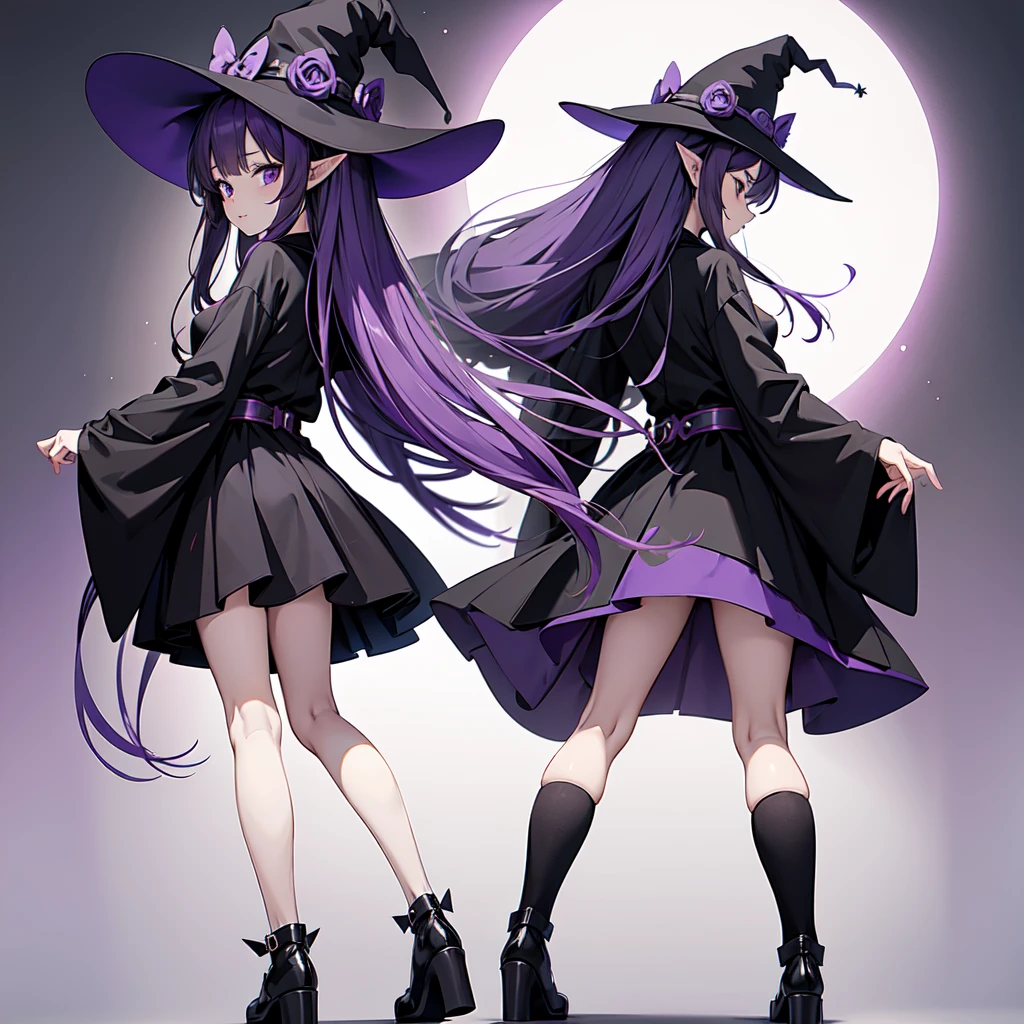 Anime girl with waist-length purple hair and black robe. Witch hat. Pointy ears. Cute as a cartoon. Back view. Full body facing backwards. The whole body is visible. Skirt is short.