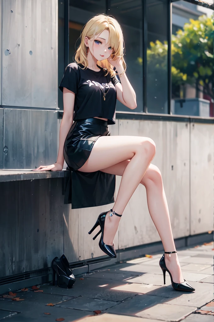 European girl portrait,alone,20-year-old,Beautiful Face,Upper Body,Hair on one eye,Medium Sidecut, Blonde, Sharp focus,Black T-shirt、Tight Skirt、(High heels:1.5)、Highest quality、masterpiece、masterpiece