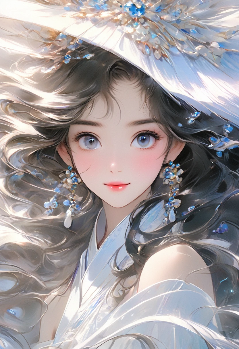 Chinese Girl, Sweet and charming girl, big eyes, illustration, Long hair, Weaving, Fluffy hair, front, Film Angle, Reflective hair, 水汪汪的big eyes, Watching you, Facial details, facial Key Points, masterpiece, 最OK品質, Extremely refined, Dynamic Angle, Intricate details, Beautiful and delicate eyes, Delicate face, Exquisite facial features, gentle lips, real, charming, Key Points, Clear lines, 8K high resolution, OK, Smile, Wearing a white dress, Stylish and beautiful, Depth of Field