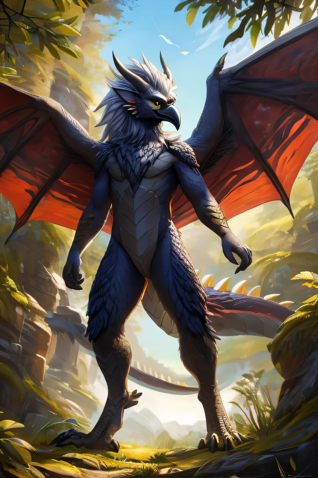 ultra-detailed, masterpiece, masterwork, high quality, best quality, hdr, (nature, sky), nsfw, male, solo, avian, chibi, ((nude)), (white little body crow), (long silver hair, beak, detailed yellow eyes, cooleyes), horn, dragon ears, flying, dynamic angle, (micropenis, foreskin), Hands and wings in one piece,