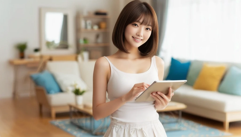 masterpiece, realistic, photorealistic, best quality, beautiful detailed, natural lighting, sharp focus, depth of field, slim body, abs:1.2, cleavage, best quality real texture skin, Detailed beautiful delicate face and eyes, beautiful Japanese young woman, eyes open, looking at viewer, best quality real texture skin, Detailed beautiful delicate face and eyes, double eyelid, smile:1.2, white teeth:1.2, very short straight brown hair,
