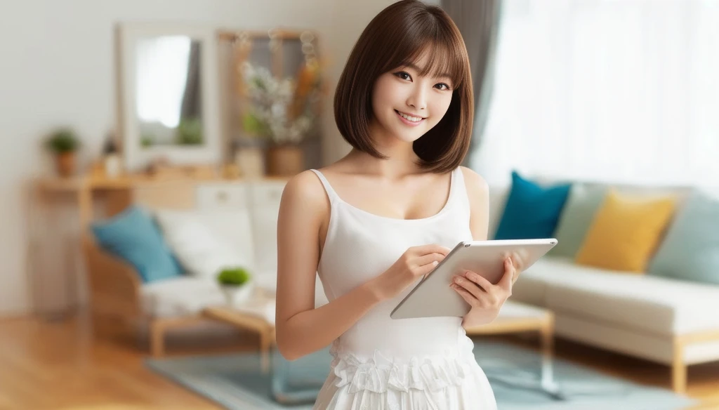 masterpiece, realistic, photorealistic, best quality, beautiful detailed, natural lighting, sharp focus, depth of field, slim body, abs:1.2, cleavage, best quality real texture skin, Detailed beautiful delicate face and eyes, beautiful Japanese young woman, eyes open, looking at viewer, best quality real texture skin, Detailed beautiful delicate face and eyes, double eyelid, smile:1.2, white teeth:1.2, very short straight brown hair, 