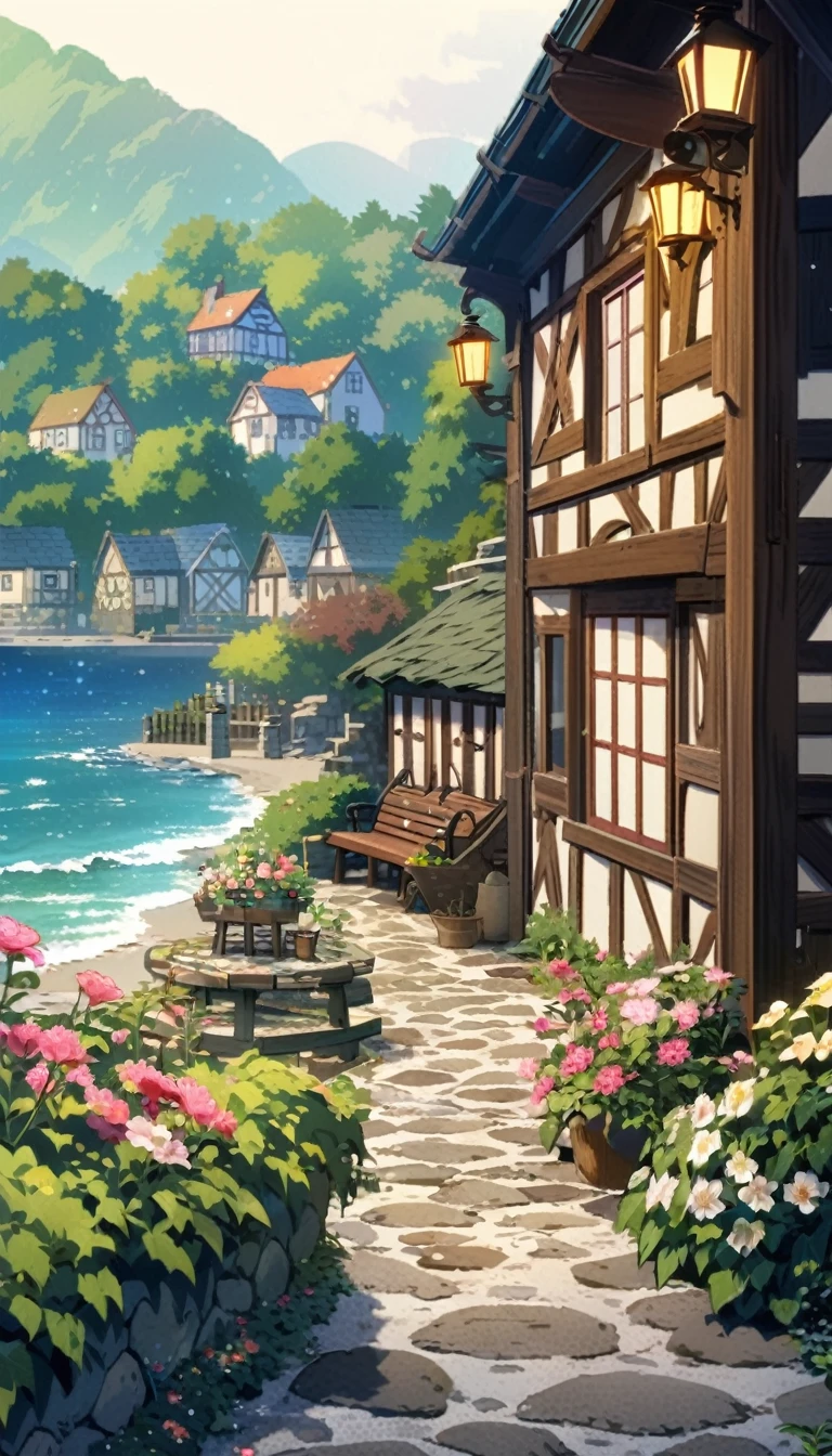 A view from the night sky, by the sea, a charming cottage garden with blooming flowers, cobbled paths and wooden benches. In the background is a quaint cottage with ivy-covered walls. Ghibli anime style