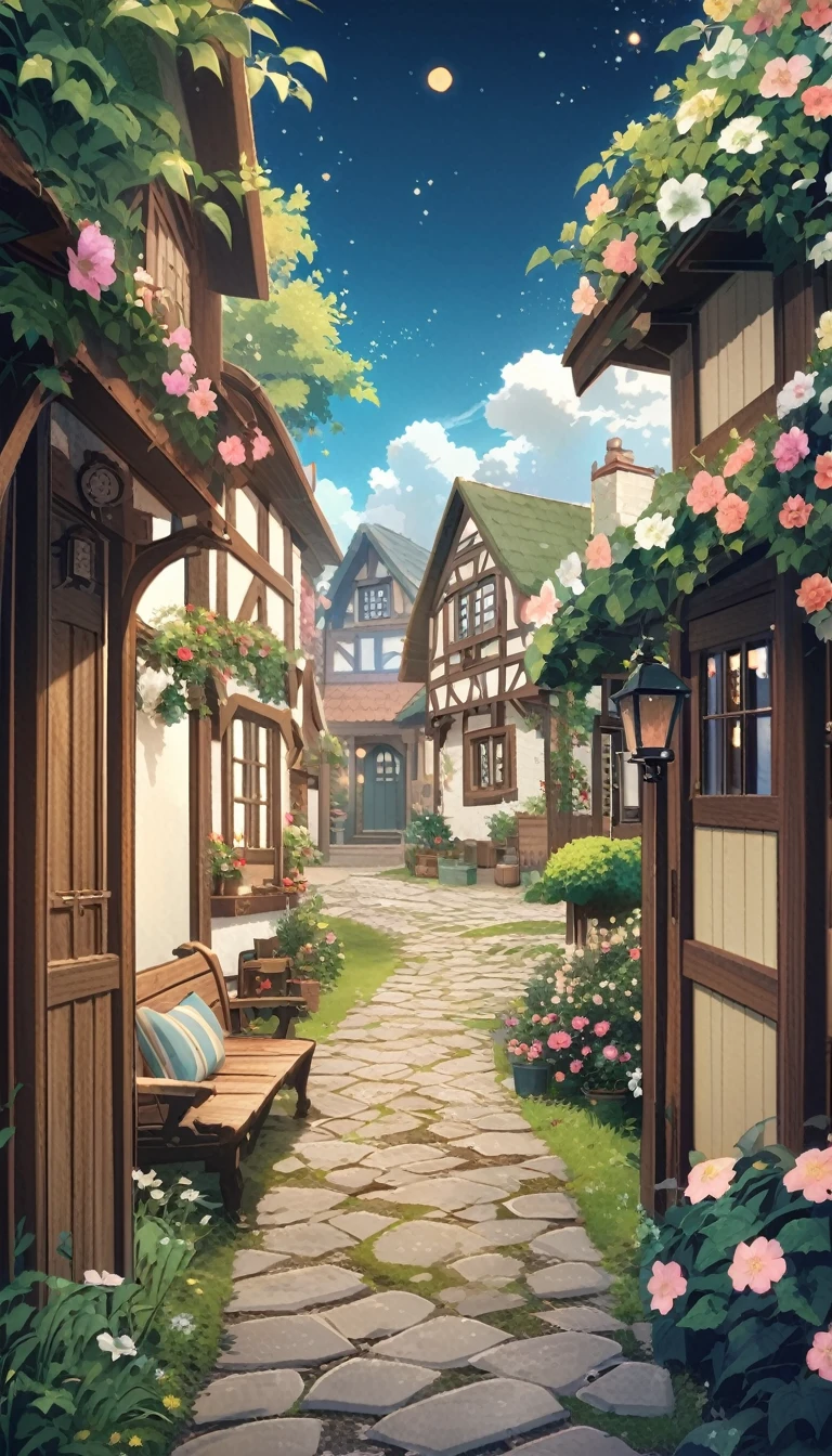 A view from the night sky, by the sea, a charming cottage garden with blooming flowers, cobbled paths and wooden benches. In the background is a quaint cottage with ivy-covered walls. Ghibli anime style