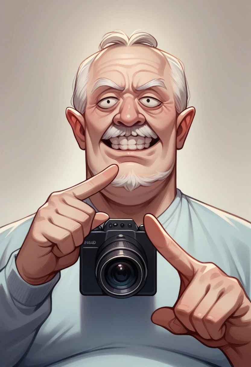 bottom view of funny, groggy, old man with bid face, teeth and slender body, pointing towards camera his whimsical face,eyes and finger, ultra realistic. cinematic rendered.
