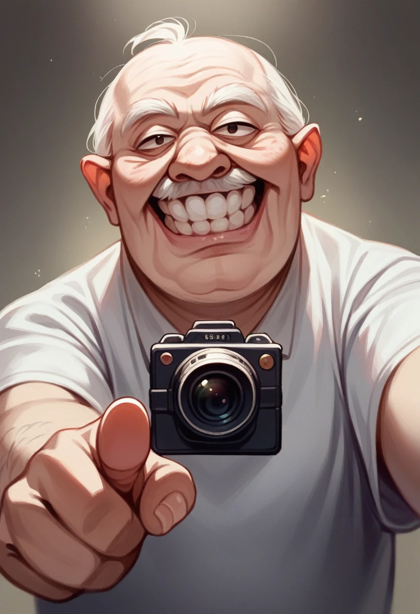 bottom view of funny, groggy, old man with bid face, teeth and slender body,  pointing towards camera his whimsical face,eyes and finger, ultra realistic. cinematic rendered.