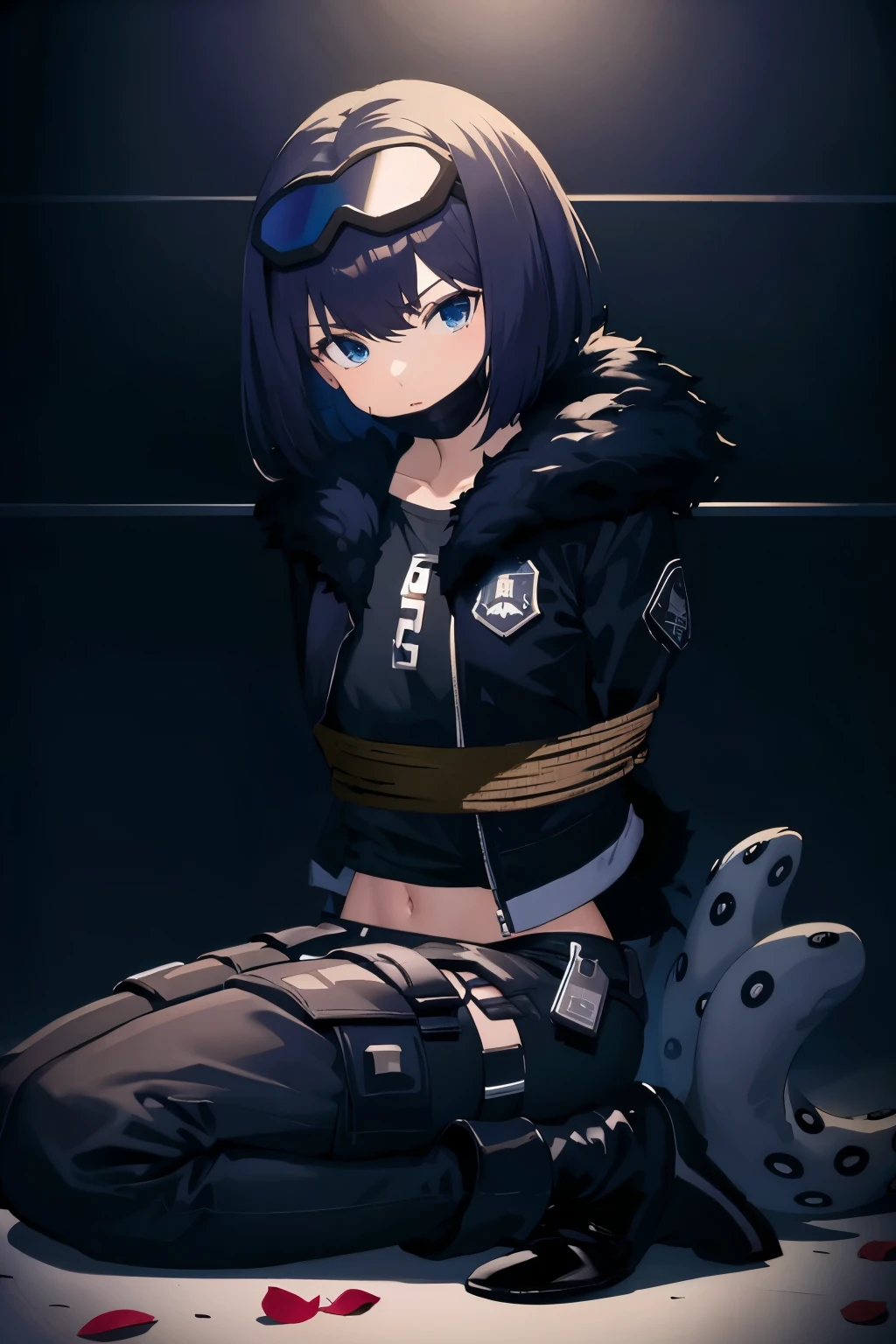 (((masterpiece,high resolution,best quality))), 1girl, solo, ((((hands tied behind)))), (((arms behind back))), petals, sweat, bondage, ((brown rope)), large breast, looking away, together thighs, seiza, sitting, solo, closed mouth, worried, originalandreana, 1girl, solo, jacket, tentacles, (((from_front_position))), fur-trimmed jacket, black jacket, , open clothes, open jacket, black shirt, pants, gloves, fingerless gloves, mask, black footwear