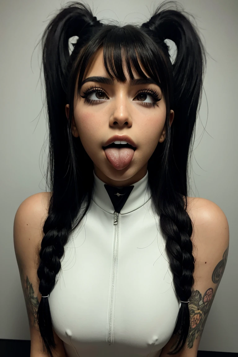 kim kardashian, by white, black latex body suit, Cara de Ahegao, concert wall in the background  (masterpiece:1.2, Best Quality:1.2, beautiful, high quality, High resolution:1.1, Aesthetic), detailed, extremely detailed, soft ambient lighting, 4k, Perfect eyes, angular face, Sharp Features, big nose, perfect lighting, 1 girl,