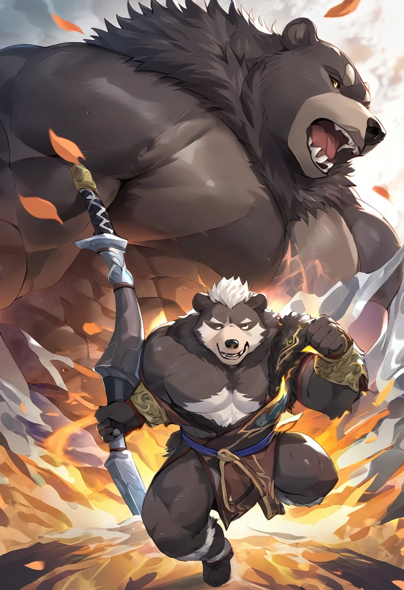 A bear beast-man clad in Japanese armor。strong。strong。Thick。力strong。Anthropomorphic black bear。