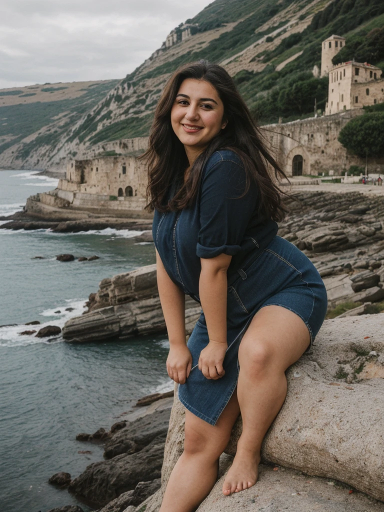 Caseyli, 1girl, solo, 30 years old, (((Georgian face))), (((Georgian nose))), (((Georgian lips))), ((((chubby)))), (((wide hips))), (dark blonde hair), wavy medium hair, wearing stylish Generation Z wear, ((Background: rugged coastline)), standing, smiling, full body