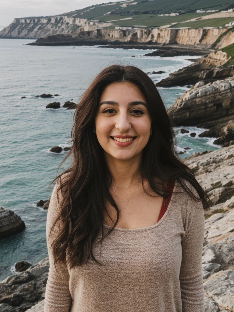 Caseyli, 1girl, solo, 30 years old, (((Georgian face))), (((Georgian nose))), (((Georgian lips))), ((((chubby)))), (((wide hips))), (dark blonde hair), wavy medium hair, wearing stylish Generation Z wear, ((Background: rugged coastline)), standing, smiling, full body