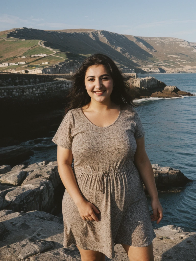 Caseyli, 1girl, solo, 30 years old, (((Georgian face))), (((Georgian nose))), (((Georgian lips))), ((((chubby)))), (((wide hips))), (dark blonde hair), wavy medium hair, wearing stylish Generation Z wear, ((Background: rugged coastline)), standing, smiling, full body
