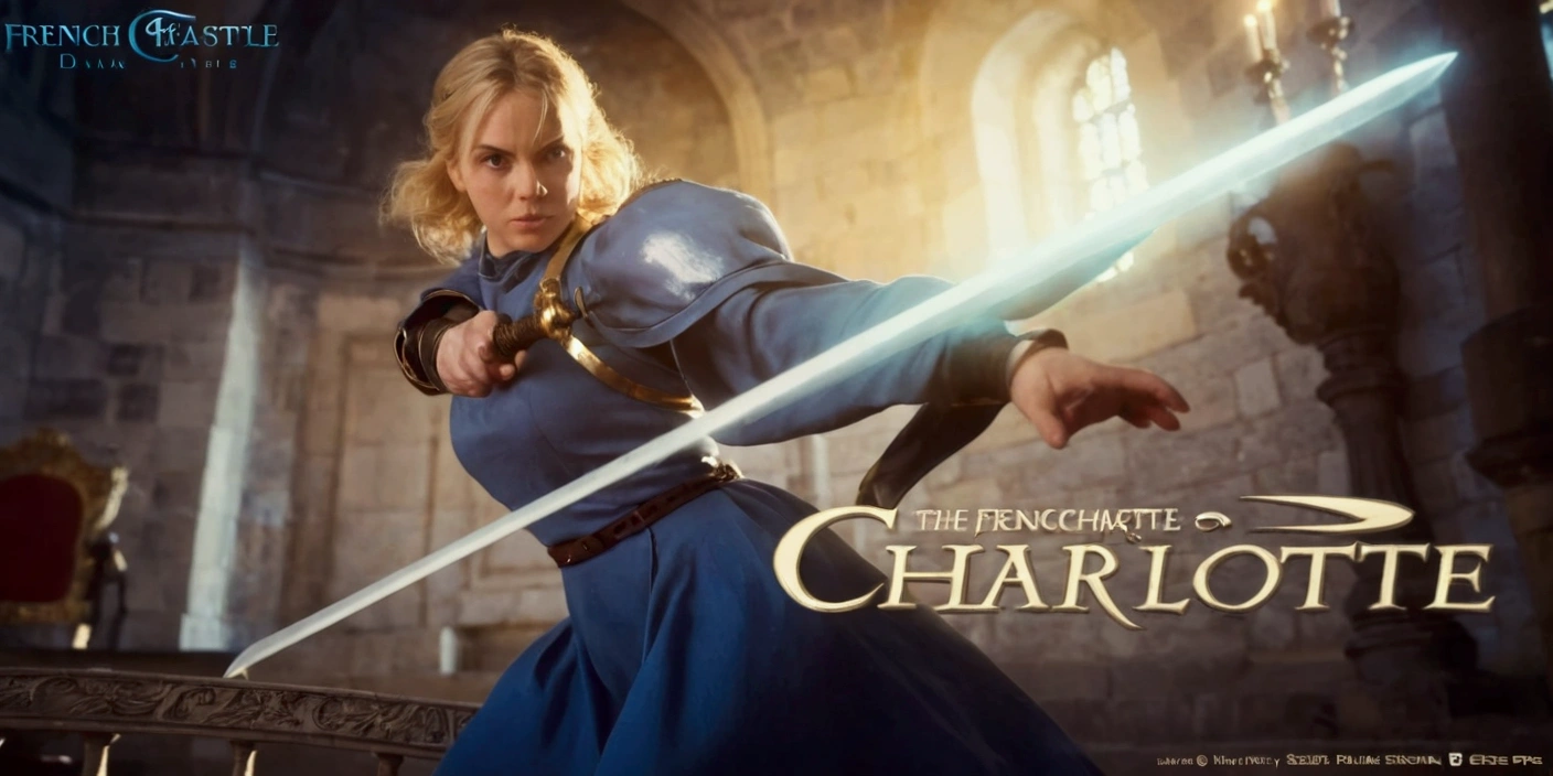 close up image of a blonde woman in blue dress wearing a belt holding a sword indoors in a french castle,Charlotte,charlotte character art