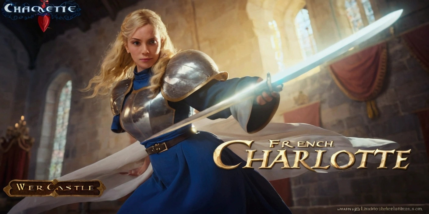 close up image of a blonde woman in blue dress wearing a belt holding a sword indoors in a french castle,Charlotte,charlotte character art