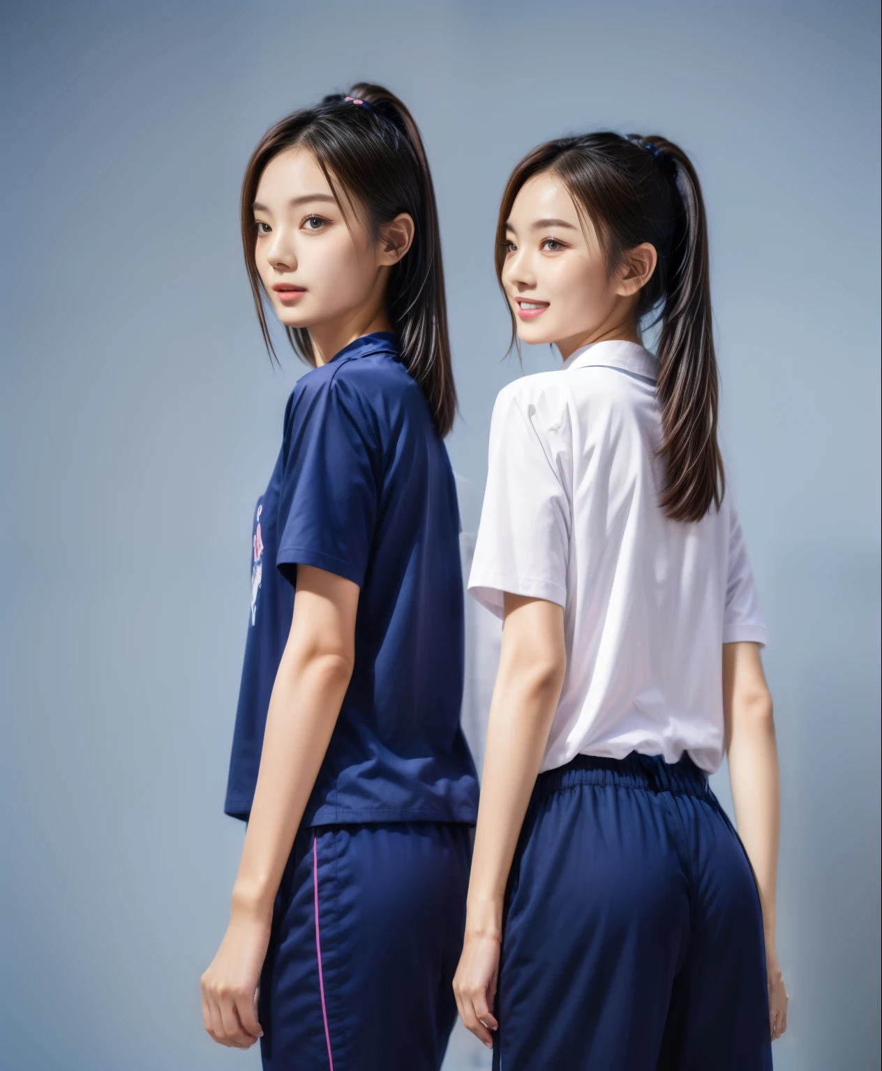 (best quality,10,10,height,Masterpiece:1.2),Special details,(realistic,ภาพrealistic,Realistic photos:1.37),1 Cute girl in the kitchen,shiny, ผิวshiny,only,smile softly,BDclothelue shirt:1.3)),short sleeve,shirt, กางเกงขาlong.,(navy_long_track pants:1.1), ((Kitchen Background)),Dynamic angle,excited,Face focus,dynamic poses,from behind,focus on ass,Masterpiece, best quality, ultra realistic, hyper detail, 8k resolution, raw photos, Sharp focus, ((Navy blue shirt:1.1)), short sleeve, เส้นทางlong, perfect body, 2 mature women, 18 years old, Cinema-grade lighting system,blue sweatpants,shirtผ้าออกกำลังกาย,correct anatomy,perfect body, correct body, Sharp face, correct bodyทางกายวิภาค, full body, realistic gestures, long-haired, realistic poses,Wear long shorts...........................,ช่วงขาlong,Good shape,carved girl, Slender figure, model, Good shape, beautiful body,blue sweatpants, two girls kissing