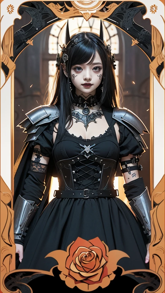 Realistic、A delicate and detailed masterpiece、Highest quality、Highest quality、(Tarot card style:1.3)、Purple Rose Background、One Woman、Upper body photo、(Dark Knight、Dress Armor:1.3)、(Gothic punk outfit:1.3)、(Black Hair、Hime cut, Long Hair:1.2)、Natural Makeup、Eyelash extensions、Draw eyelashes sharply、Thin eyebrows、Deep orange blush、Grin, Showing teeth、Slightly red cheeks、 female