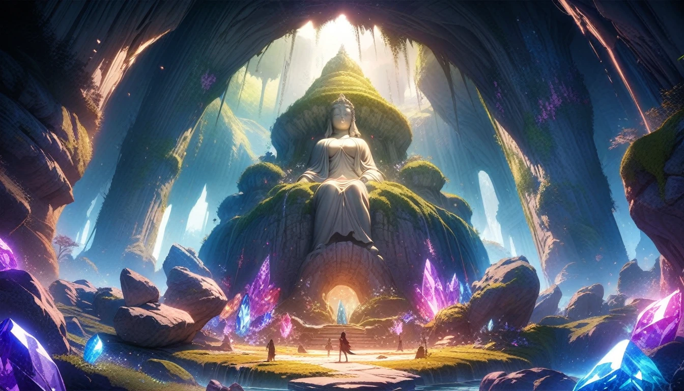 Anime Aesthetics, Anime Landscape, Huge cave, The historic site standing in the center, Fertility Statue, ancient statue, moss covered, Curvy body, The cave is filled with various crystals, sapphire, amethyst, ruby, Dim Lights, Shiny Crust, Mysterious atmosphere, Beautiful and shining, Many colors, No need, Heroic fantasy, from above, Wide-angle lens, view, atmospheric view, 4K, 8K, high resolution, best quality, Super Detail, The award-winning, masterpiece