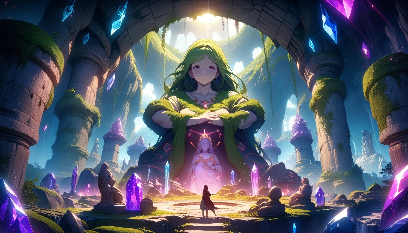 Anime Aesthetics, Anime Landscape, Huge cave, The historic site standing in the center, Fertility Statue, ancient statue, moss covered, Curvy body, The cave is filled with various crystals, sapphire, amethyst, ruby, Dim Lights, Shiny Crust, Mysterious atmosphere, Beautiful and shining, Many colors, No need, Heroic fantasy, from above, Wide-angle lens, view, atmospheric view, 4K, 8K, high resolution, best quality, Super Detail, The award-winning, masterpiece