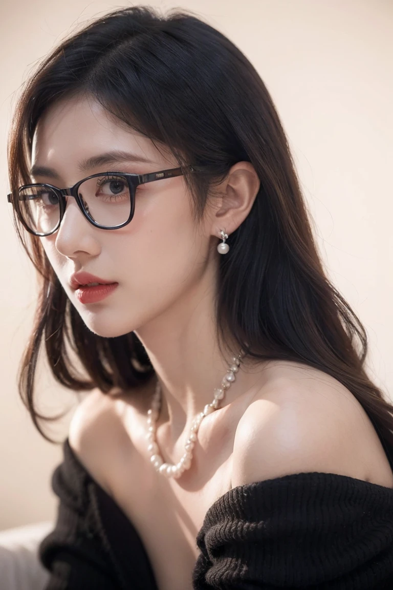 beautiful woman looking down at her phone, closeup side profile of woman's face, woman in black dress with off-the-shoulder sleeves, pearl earrings and necklace, wearing glasses, intense and longing gaze, high-quality realistic portrait photograph, natural skin tones, soft lighting, shallow depth of field, photorealistic, 8k, hyper-detailed, intricate details