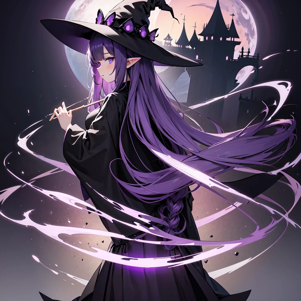 Anime girl with long purple hair and black robe. Witch hat. Pointy ears. Cute as a cartoon. Back view. Full body facing backwards. The whole body is visible. Skirt is short.