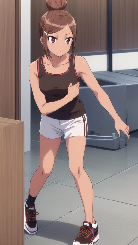 Ayaka Uehara, Ayaka Uehara, Brown Hair, hair ornaments, (Brown eyes:1.5), Hair Clip, Dark Skin, Hair Bun, Dark skinned women, single Hair Bun,whole body ,Are standing,break shirt, White shirt, shoes, Shorts, No sleeve, Black footwear, No sleeve shirt, black Shorts, Tank top, sneakers, break indoors, Gym, break looking at viewer, break (masterpiece:1.2), Highest quality, High resolution, unity 8k wallpaper, (figure:0.8), (Beautiful attention to detail:1.6), Highly detailed face, Perfect lighting, Highly detailed CG, (Perfect hands, Perfect Anatomy),Low - Angle