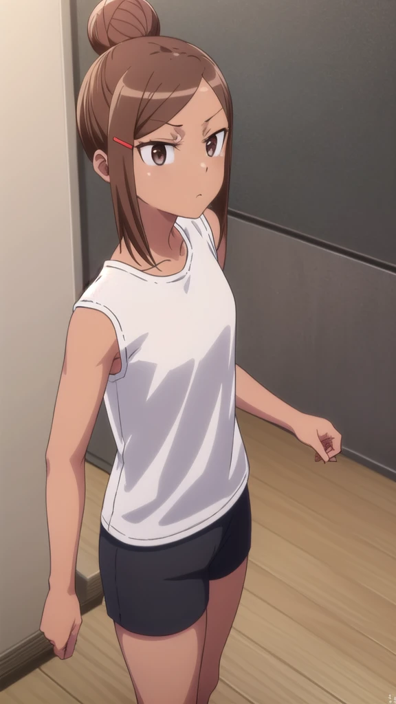 Ayaka Uehara, Ayaka Uehara, Brown Hair, hair ornaments, (Brown eyes:1.5), Hair Clip, Dark Skin, Hair Bun, Dark skinned women, single Hair Bun,whole body ,Are standing,break shirt, White shirt, shoes, Shorts, No sleeve, Black footwear, No sleeve shirt, black Shorts, Tank top, sneakers, break indoors, Gym, break looking at viewer, break (masterpiece:1.2), Highest quality, High resolution, unity 8k wallpaper, (figure:0.8), (Beautiful attention to detail:1.6), Highly detailed face, Perfect lighting, Highly detailed CG, (Perfect hands, Perfect Anatomy),Low - Angle
