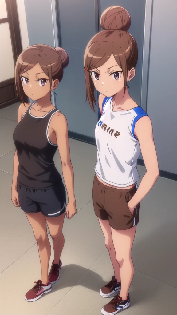 Ayaka Uehara, Ayaka Uehara, Brown Hair, hair ornaments, (Brown eyes:1.5), Hair Clip, Dark Skin, Hair Bun, Dark skinned women, single Hair Bun,whole body ,Are standing,break shirt, White shirt, shoes, Shorts, No sleeve, Black footwear, No sleeve shirt, black Shorts, Tank top, sneakers, break indoors, Gym, break looking at viewer, break (masterpiece:1.2), Highest quality, High resolution, unity 8k wallpaper, (figure:0.8), (Beautiful attention to detail:1.6), Highly detailed face, Perfect lighting, Highly detailed CG, (Perfect hands, Perfect Anatomy),Low - Angle