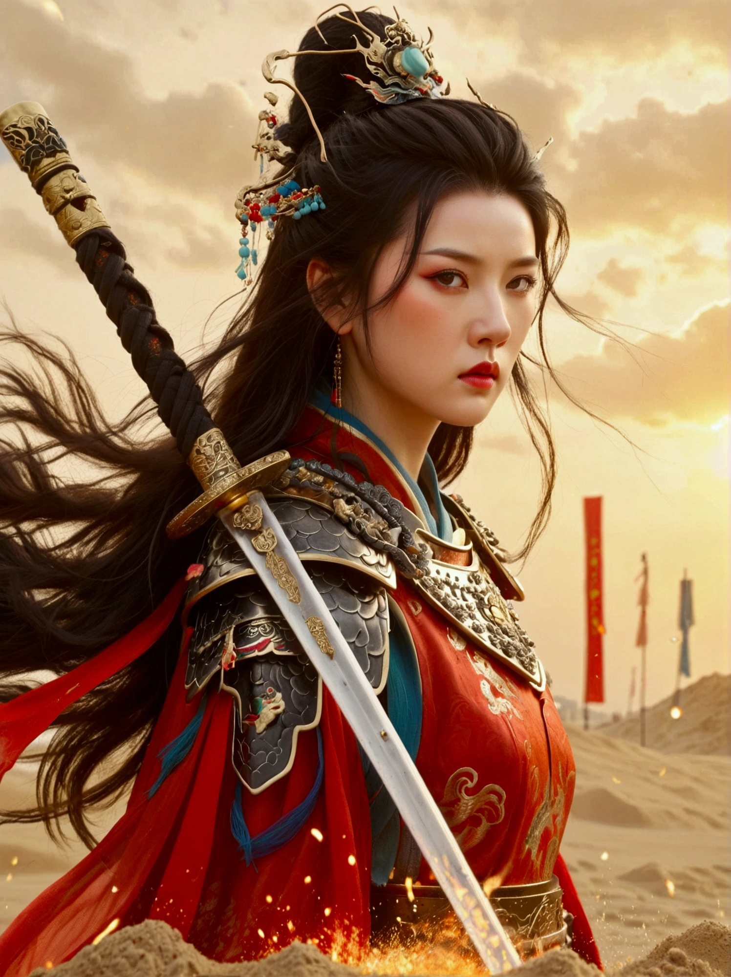 Chinese, Ancient battlefield, Chinese female general, holding a sword in her hand, Serious expression, whole body, Stunning facial features, Red robe, armor, boots, Yellow sand in the sky, Fire, Game Model, Stunning lighting, OC Rendering, Rim Light, Exquisite lighting, Very detailed, Epic creation, Ultra HD, best quality, masterpiece, high quality, 8k