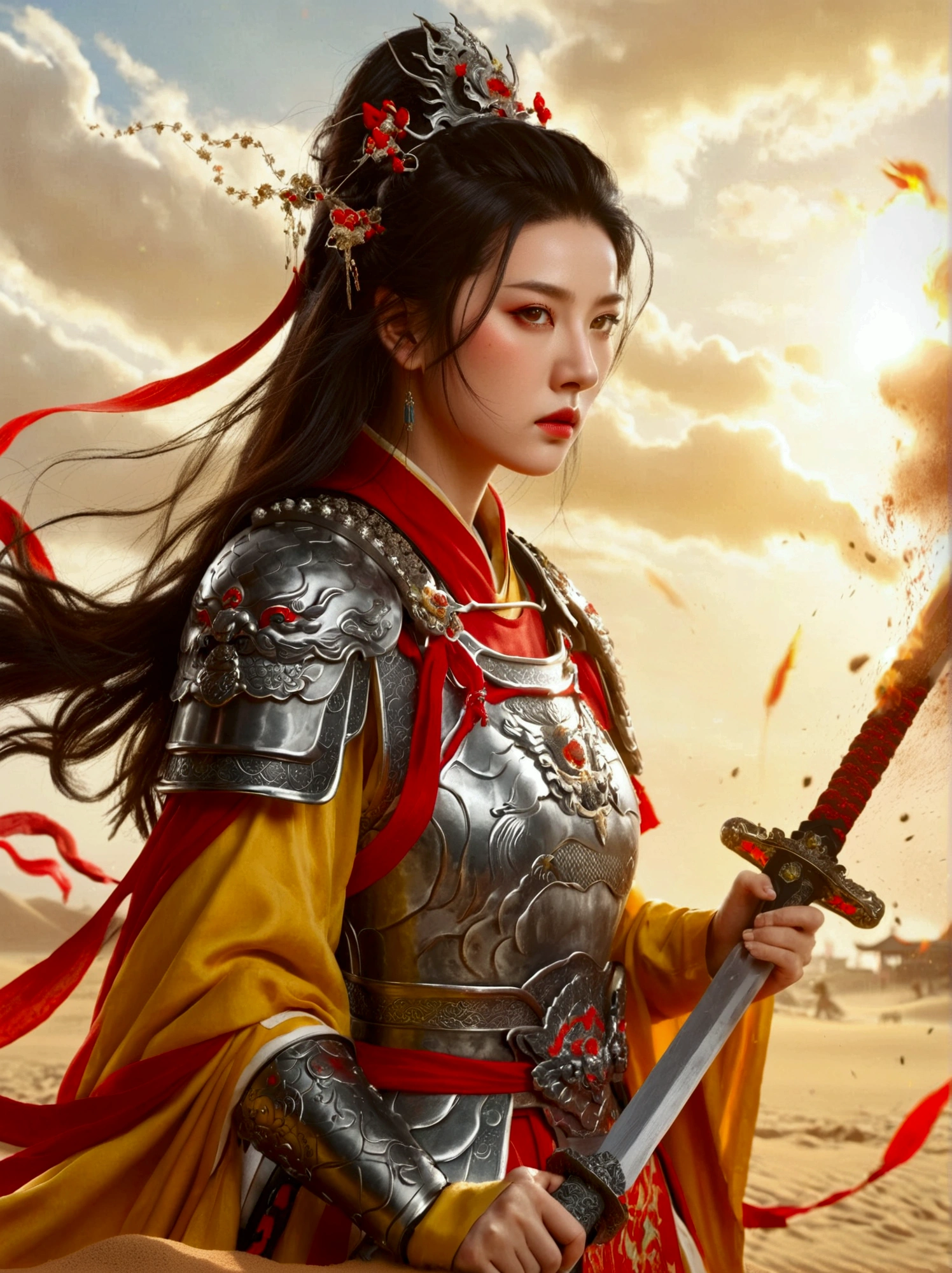 Chinese, Ancient battlefield, Chinese female general, holding a sword in her hand, Serious expression, whole body, Stunning facial features, Red robe, armor, boots, Yellow sand in the sky, Fire, Game Model, Stunning lighting, OC Rendering, Rim Light, Exquisite lighting, Very detailed, Epic creation, Ultra HD, best quality, masterpiece, high quality, 8k