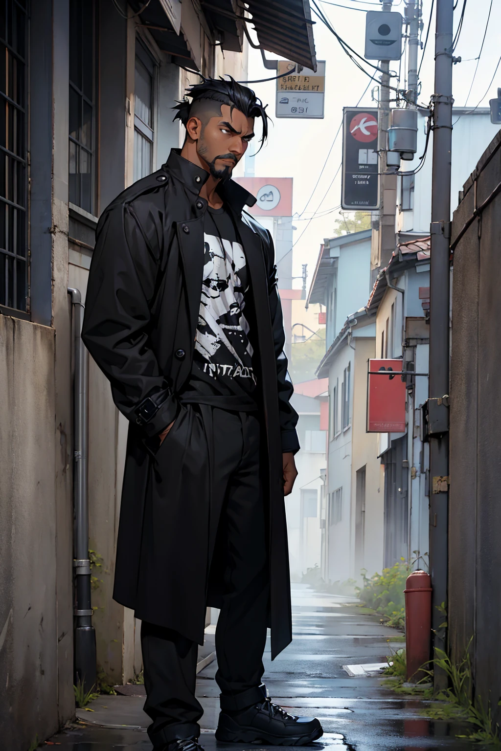 1male , Undercut Hair , Messy Hair , Goatee , Black Hair , Black Eyes , Dark Skin , Adult Male , Serious Expression , Standing on sidewalk , Black Compression T-Shirt , Black Trenchcoat