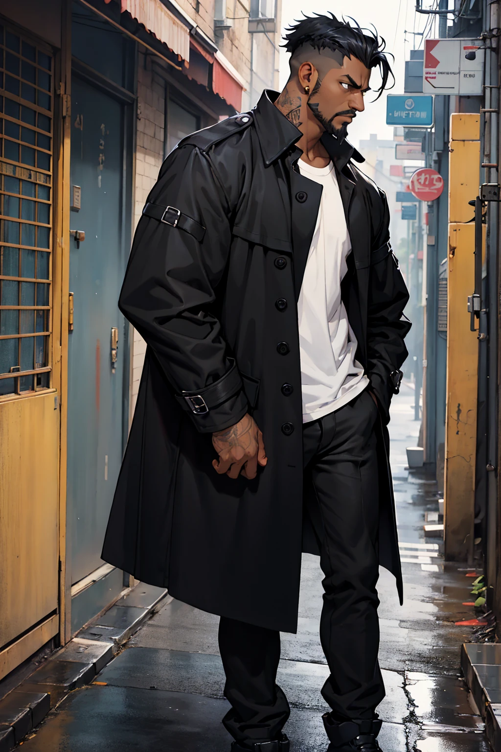 1male , Undercut Hair , Messy Hair , Goatee , Black Hair , Black Eyes , Dark Skin , Adult Male , Serious Expression , Standing on sidewalk , Black Compression T-Shirt , Black Trenchcoat