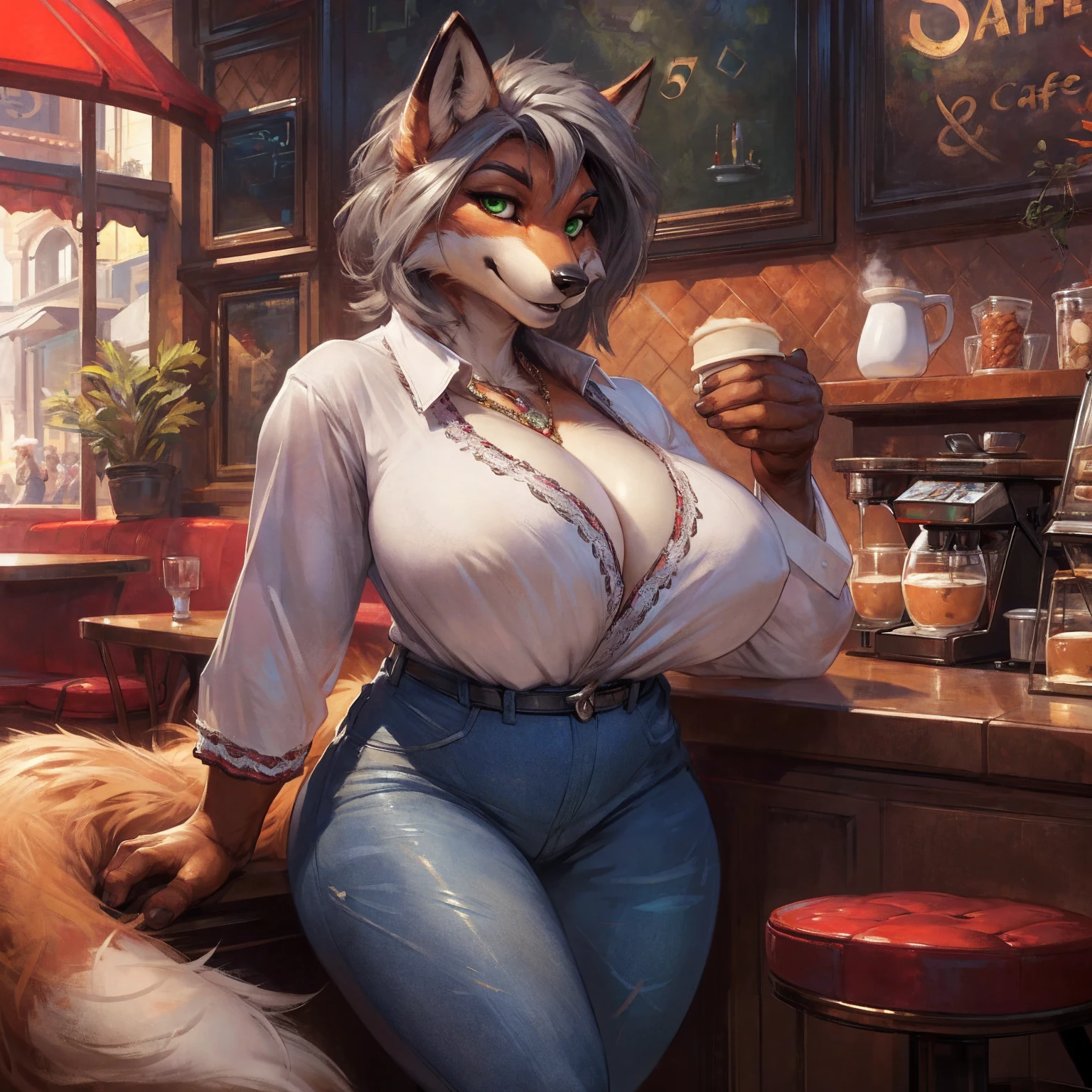  high resolution, (masterpiece: 1.4), (60 years old fox woman),gilf, gray hair, green eyes, high detail eyes,(white blouse and jeans:1.2), cleavage, (cafe:1.2),detailed backround, large breasts, (nipple outline:0.75), full body, by darkgem, 