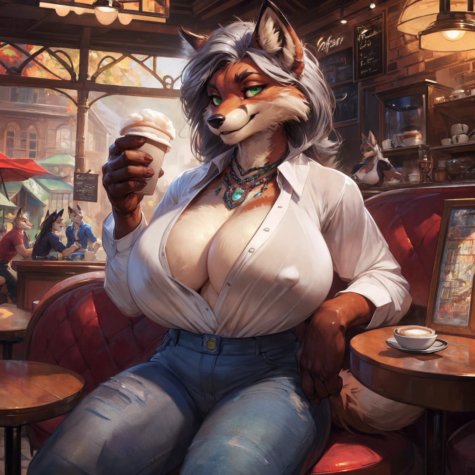  high resolution, (masterpiece: 1.4), (60 years old fox woman),gilf, gray hair, green eyes, high detail eyes,(white blouse and jeans:1.2), cleavage, (cafe:1.2),detailed backround, large breasts, (nipple outline:0.75), full body, by darkgem, 