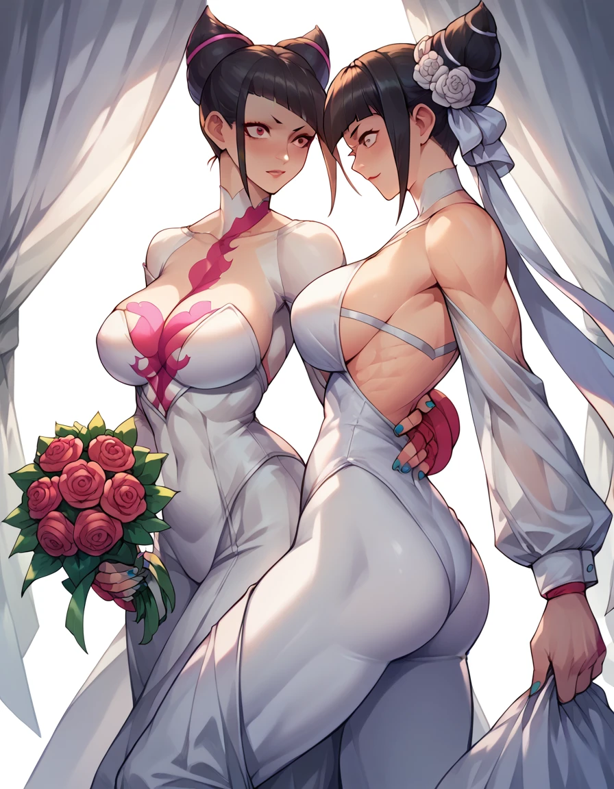 jury han (street fighter) , women, big breasts, small waist, big butt, wedding suit, wedding suit, wedding altar, holding a bouquet of flowers 