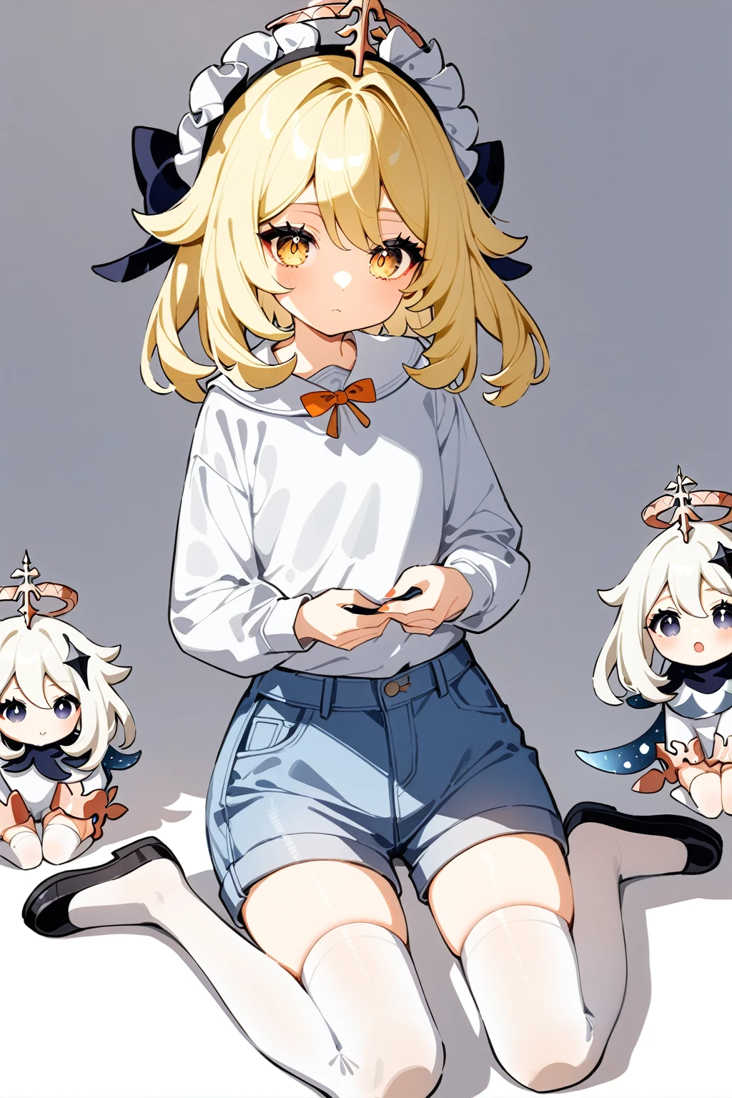 Watercolor (middle),1girl, Paimon \(genshin impact\), genshin impact, 独奏, alone, wearing a bright white top and blue denim shorts, slightly plump and highlighting the girl's body lines. White stockings and cat ear headdress are the finishing touches. The girl chose to sit on the floor. This posture usually gives people a relaxed, relaxed feeling. Relaxed feeling, casual feeling, sexy figure, pure white background,Soft Light,