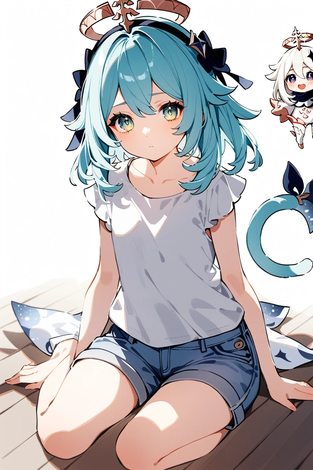 Masterpiece, high quality, absurd resolution, digital painting \ (artwork \), by dagasi, yupa, kiyosan, (fluffy fur, yellow and white fur, full body fur, blue hair, yellow ears, yellow-blue tail, yellow thighs, orange feet, shyness), human male fox. Blue eyes, bright eyes, character focus. (shorts), (fox), cycling
