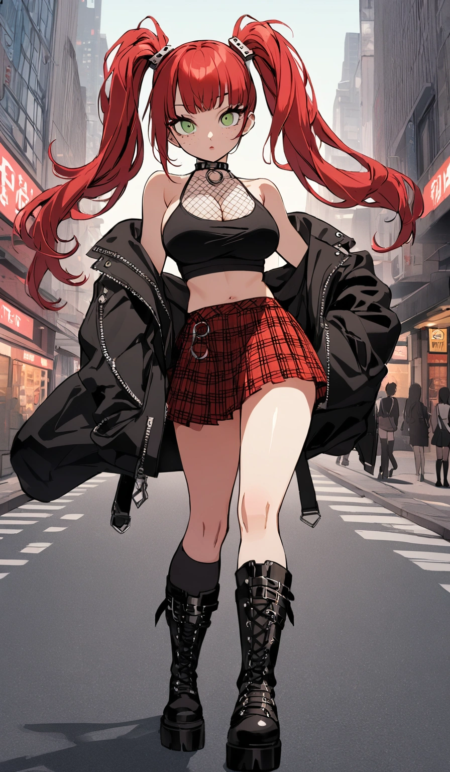 woman, cool, curly red hair in pig tails, green eyes, eye shadow, wearing crop top black shirt, long black jacket, red plaid skirt, (black knee high boots), black finger-less gloves, exposed shoulders, large breasts, freckles, cleavage, fishnet undershirt, looking at viewer, Holo-Punk Style, in the city