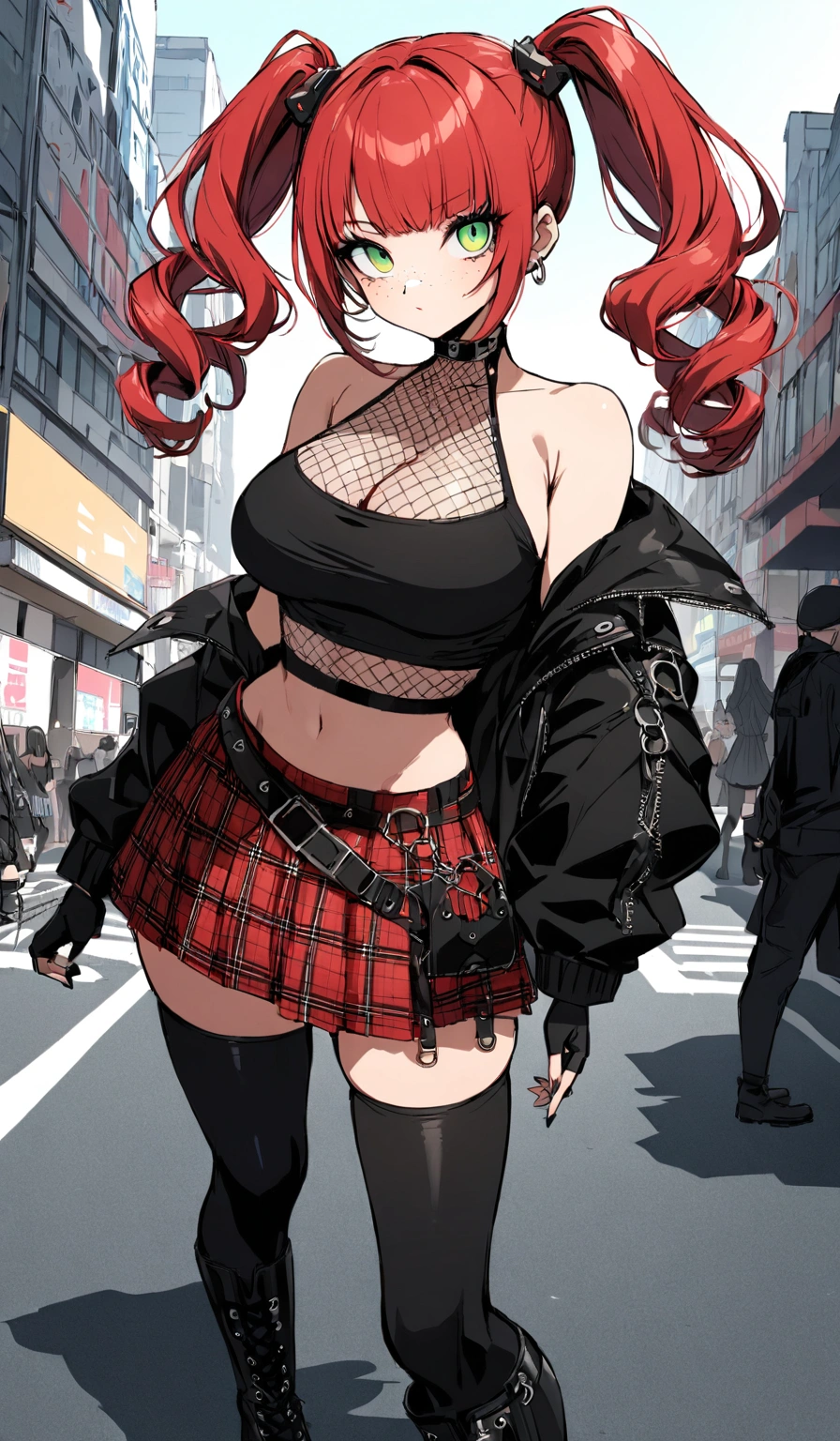 woman, cool, curly red hair in pig tails, green eyes, eye shadow, wearing crop top black shirt, long black jacket, red plaid skirt, (black knee high boots), black finger-less gloves, exposed shoulders, large breasts, freckles, cleavage, fishnet undershirt, looking at viewer, Holo-Punk Style, in the city