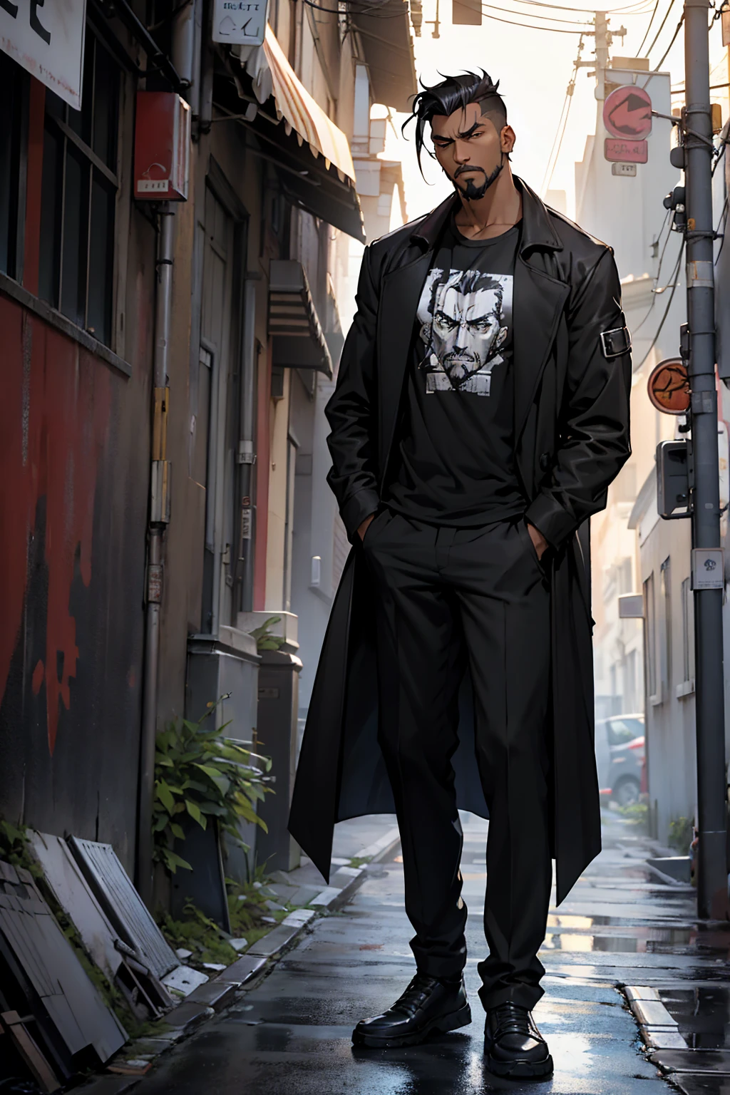 1male , Undercut Hair , Messy Hair , Goatee , Black Hair , Black Eyes , Dark Skin , Adult Male , Serious Expression , Standing on sidewalk , Black Compression T-Shirt , Black Trenchcoat