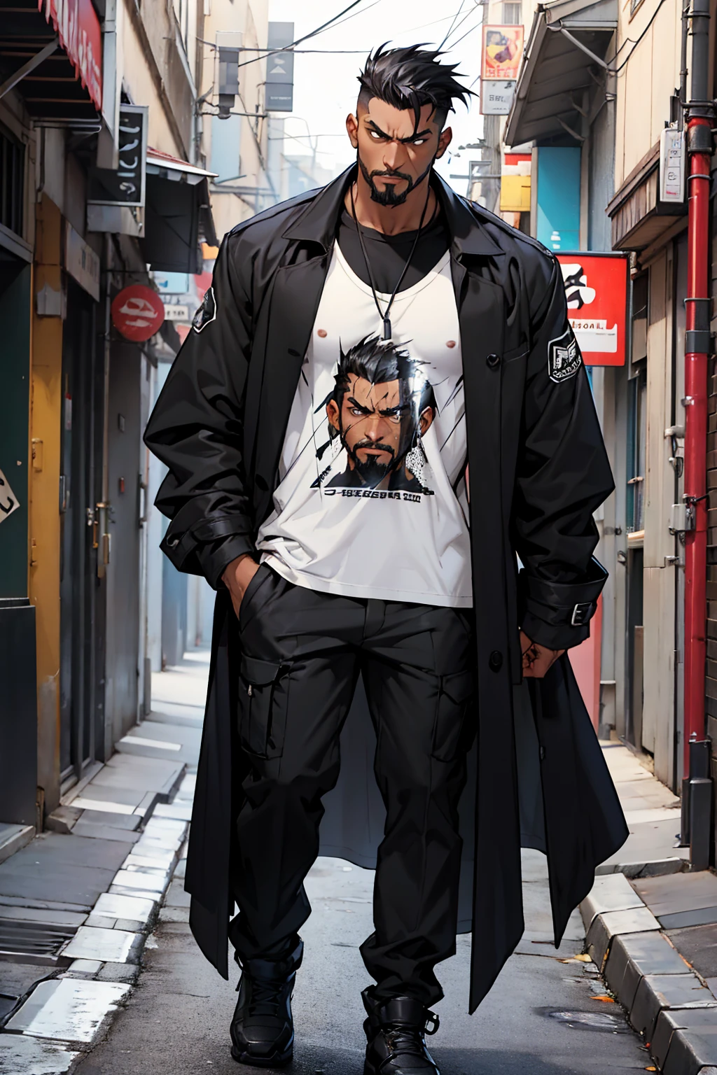 1male , Undercut Hair , Messy Hair , Goatee , Black Hair , Black Eyes , Dark Skin , Adult Male , Serious Expression , Standing on sidewalk , Black Compression T-Shirt , Black Trenchcoat