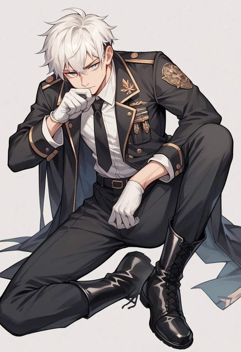 Masculine and slim young boy with white hair and short eyes wearing a black military suit with a white shirt inside and a black tie, on his hands there are white gloves, For his feet he wears black military boots., he doesn&#39;t have muscle, His appearance is 20 years old and he is 175 cm tall.